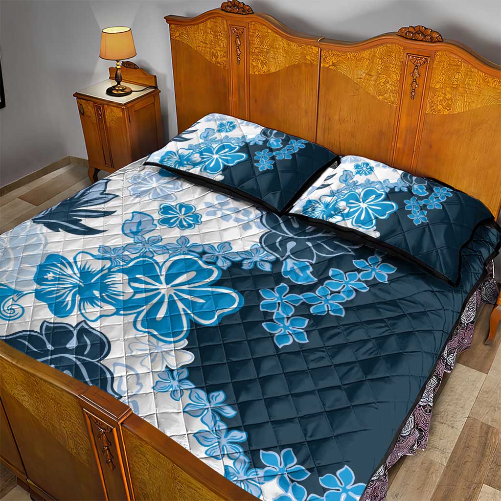 Blue Hibiscus Plumeria Floral Quilt Bed Set - Polynesian Pride