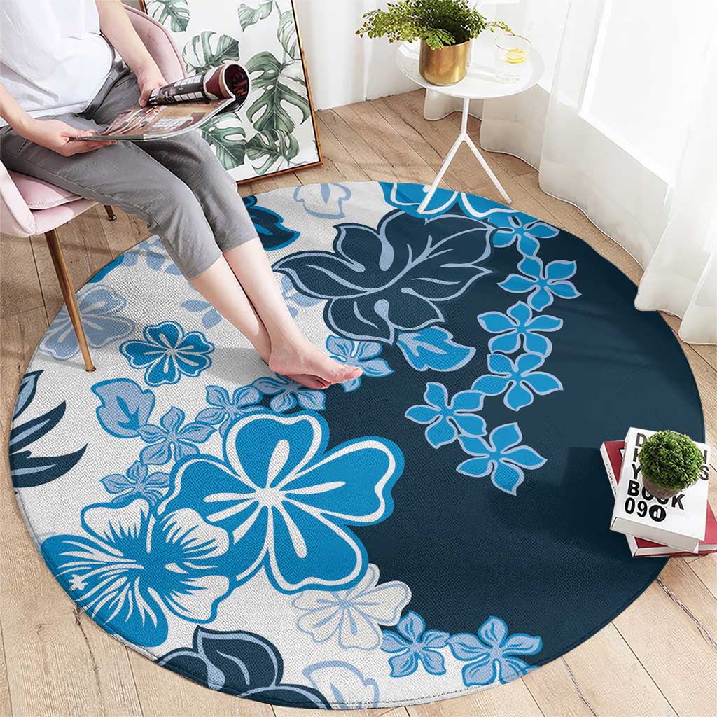 Blue Hibiscus Plumeria Floral Round Carpet - Polynesian Pride