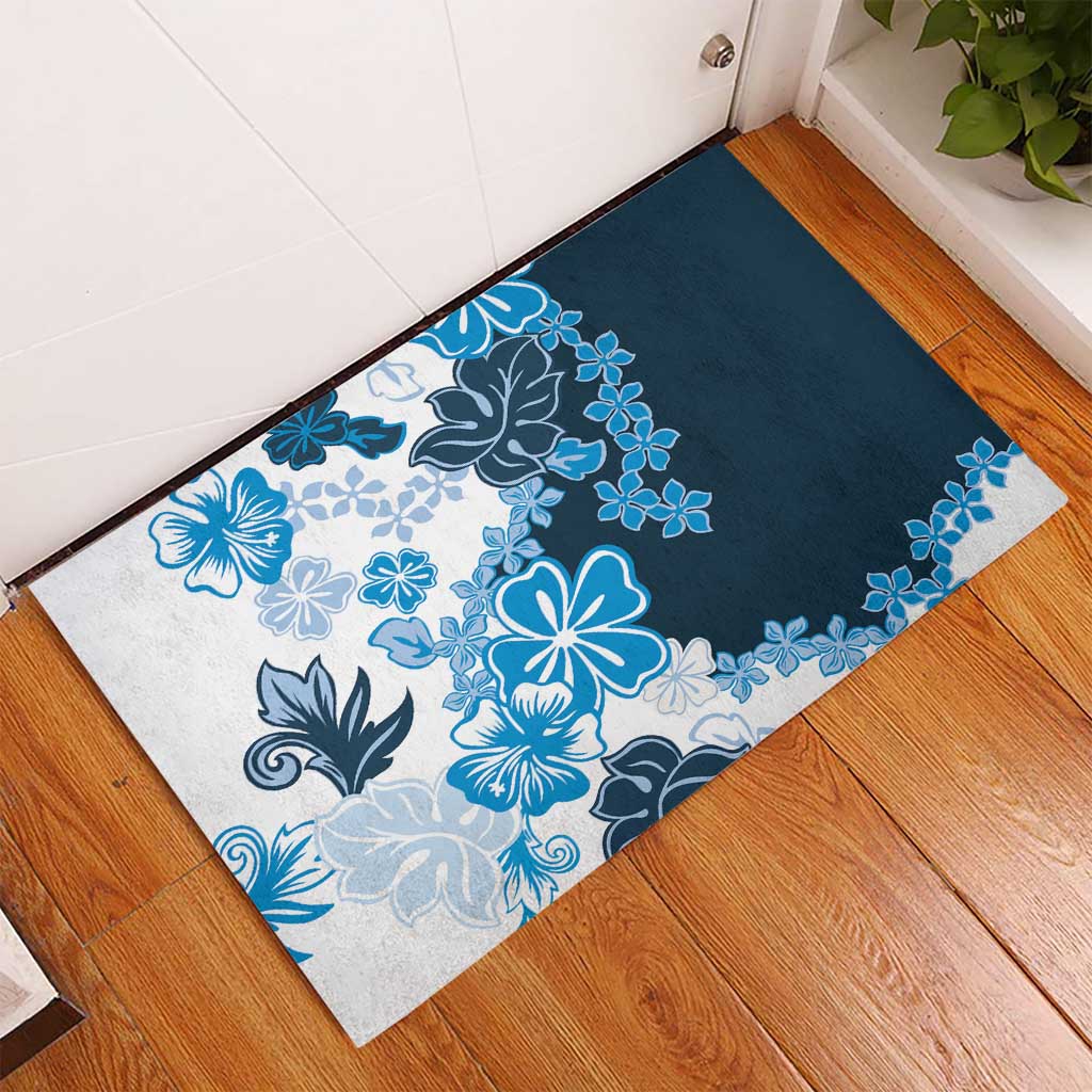 Blue Hibiscus Plumeria Floral Rubber Doormat - Polynesian Pride