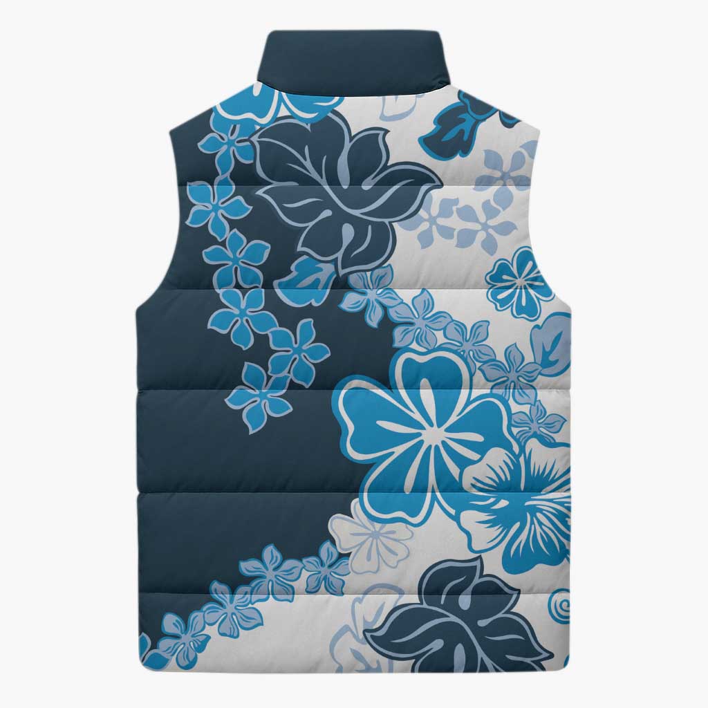 Blue Hibiscus Plumeria Floral Sleeveless Puffer Jacket - Polynesian Pride