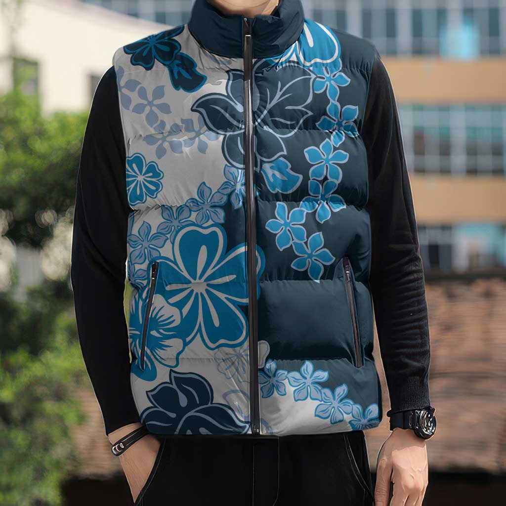 Blue Hibiscus Plumeria Floral Sleeveless Puffer Jacket - Polynesian Pride