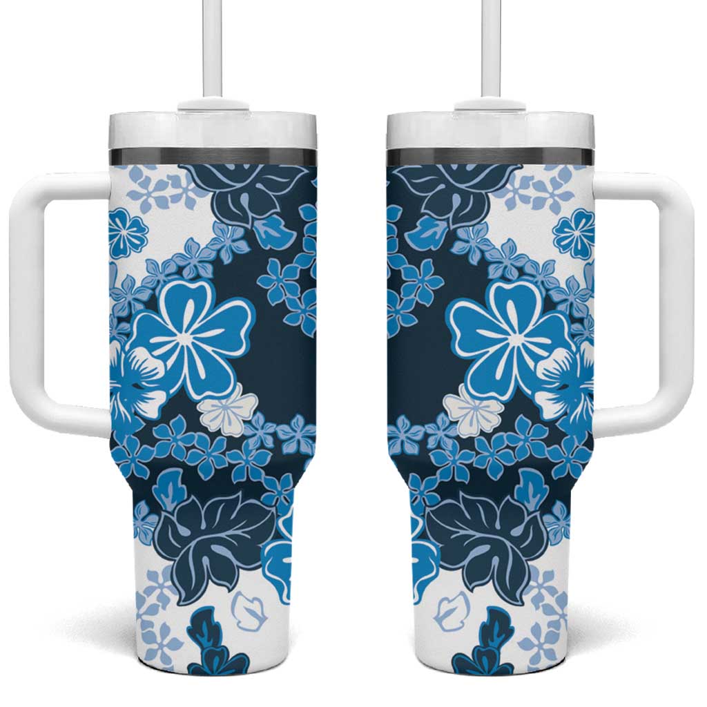 Blue Hibiscus Plumeria Floral Tumbler With Handle - Polynesian Pride