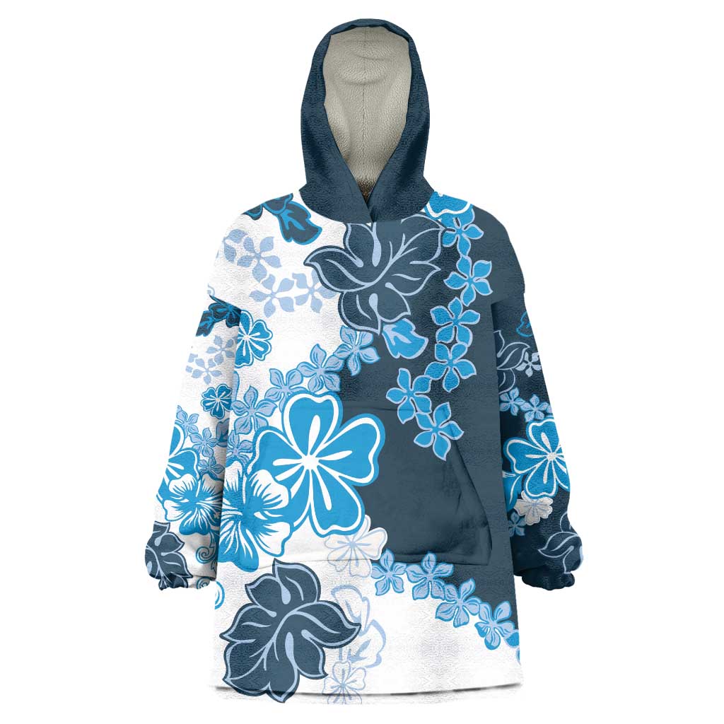 Blue Hibiscus Plumeria Floral Wearable Blanket Hoodie - Polynesian Pride
