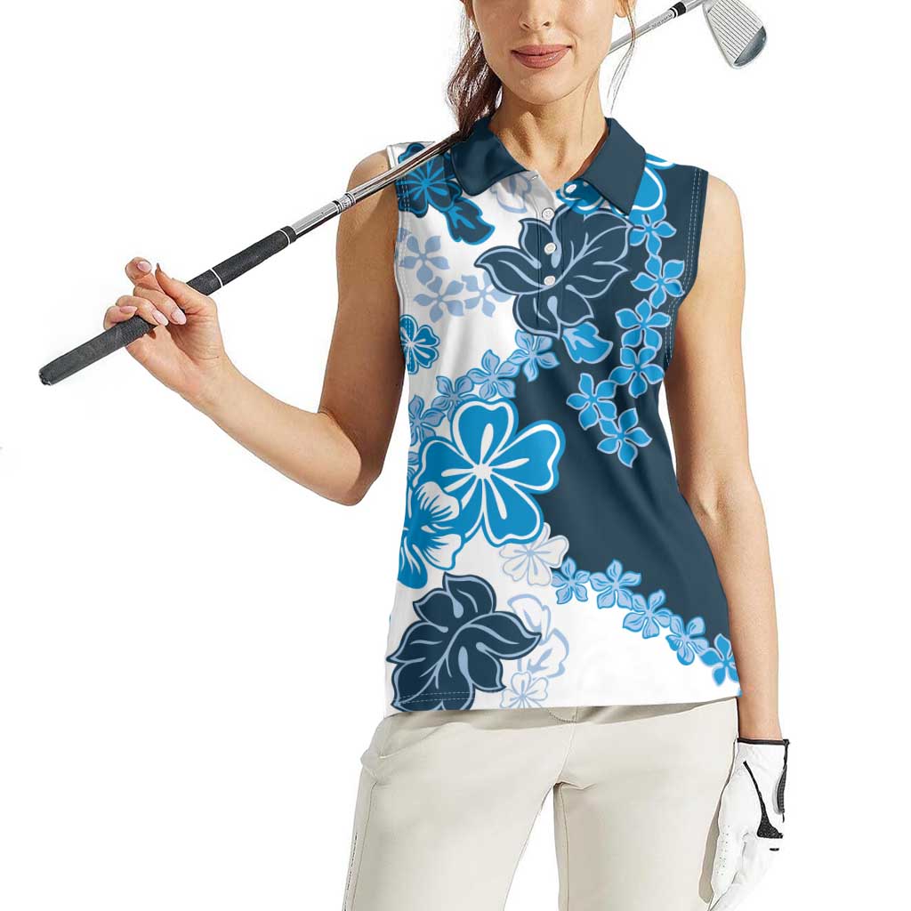 Blue Hibiscus Plumeria Floral Women Sleeveless Polo Shirt - Polynesian Pride