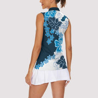 Blue Hibiscus Plumeria Floral Women Sleeveless Polo Shirt - Polynesian Pride