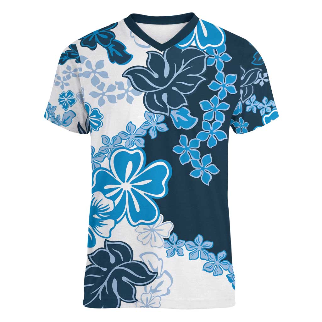 Blue Hibiscus Plumeria Floral Women V-Neck T-Shirt - Polynesian Pride