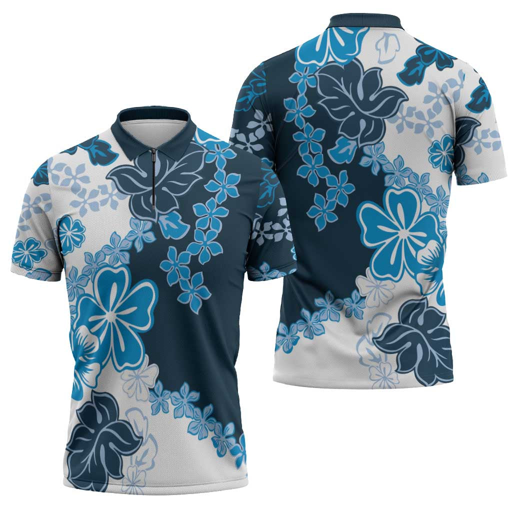 Blue Hibiscus Plumeria Floral Zipper Polo Shirt - Polynesian Pride