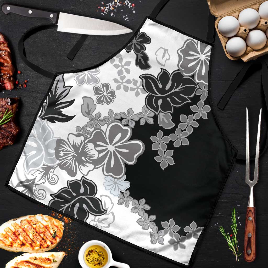 Gray Scale Hibiscus Plumeria Floral Apron - Polynesian Pride