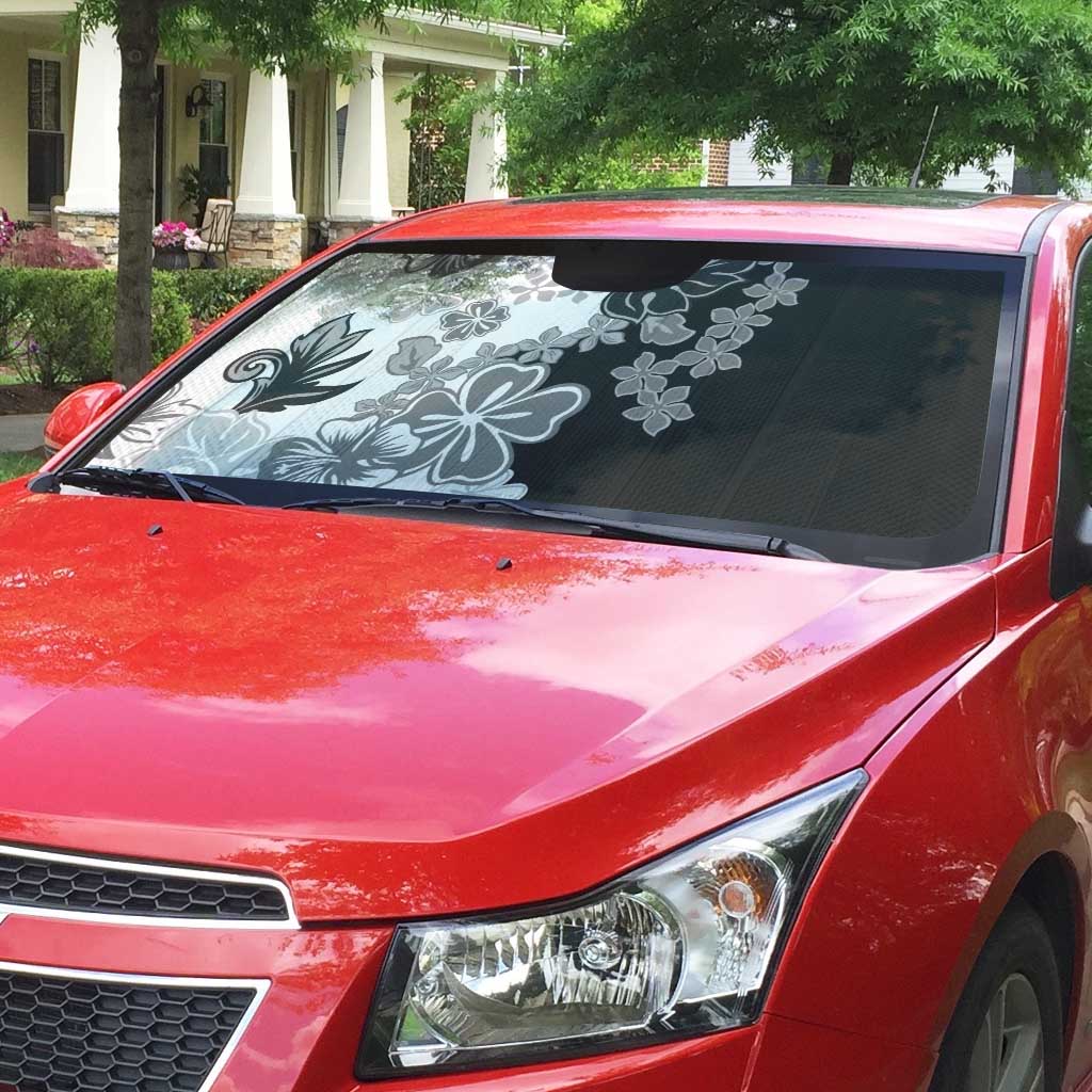 Gray Scale Hibiscus Plumeria Floral Auto Sun Shade - Polynesian Pride