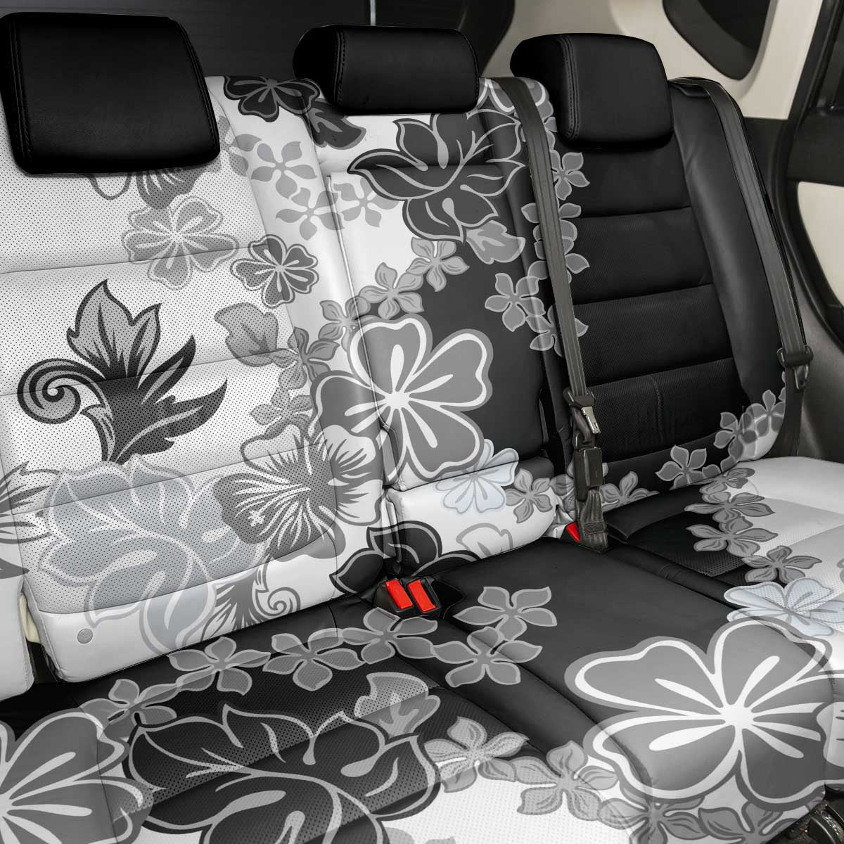 Gray Scale Hibiscus Plumeria Floral Back Car Seat Cover - Polynesian Pride