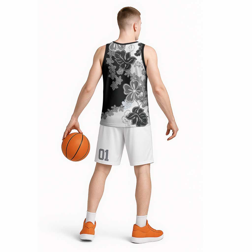 Gray Scale Hibiscus Plumeria Floral Basketball Jersey - Polynesian Pride