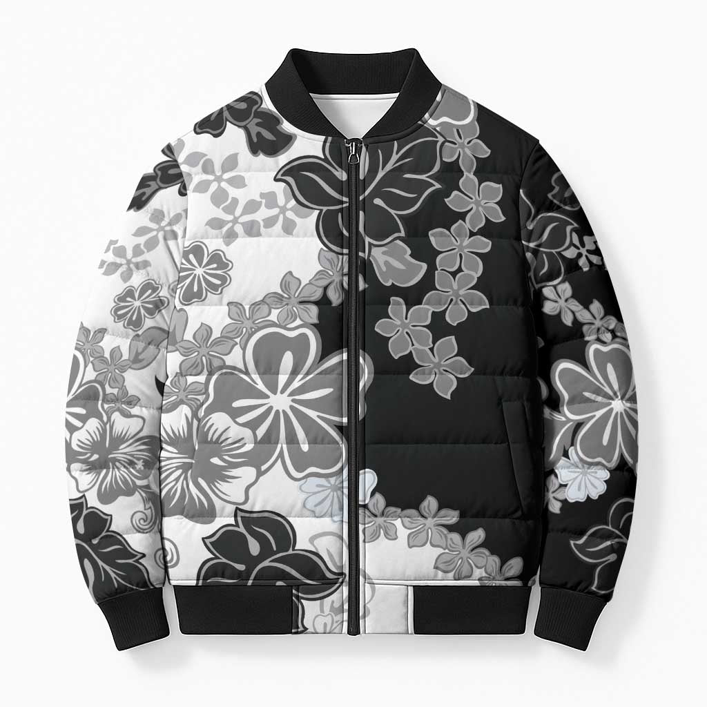 Gray Scale Hibiscus Plumeria Floral Bomber Puffer Jacket - Polynesian Pride