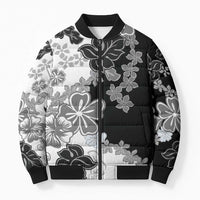 Gray Scale Hibiscus Plumeria Floral Bomber Puffer Jacket - Polynesian Pride