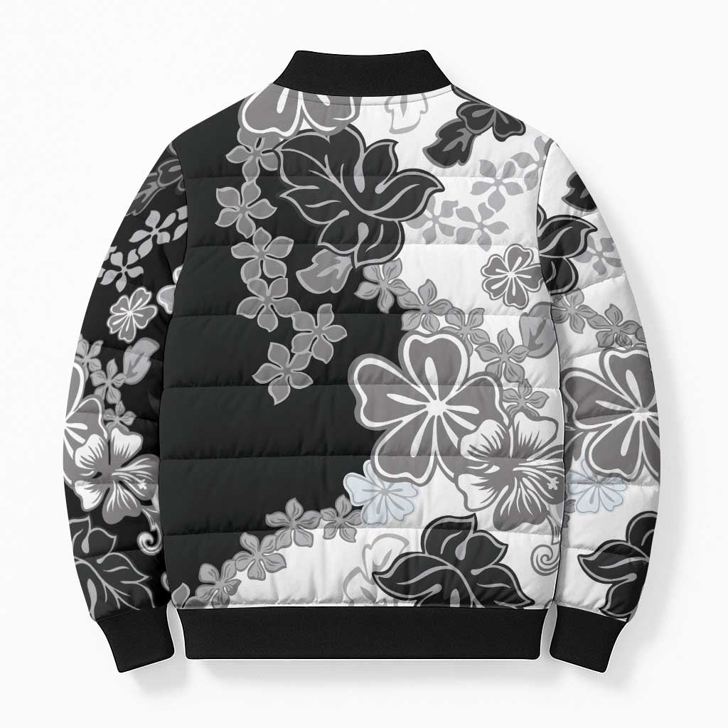 Gray Scale Hibiscus Plumeria Floral Bomber Puffer Jacket - Polynesian Pride