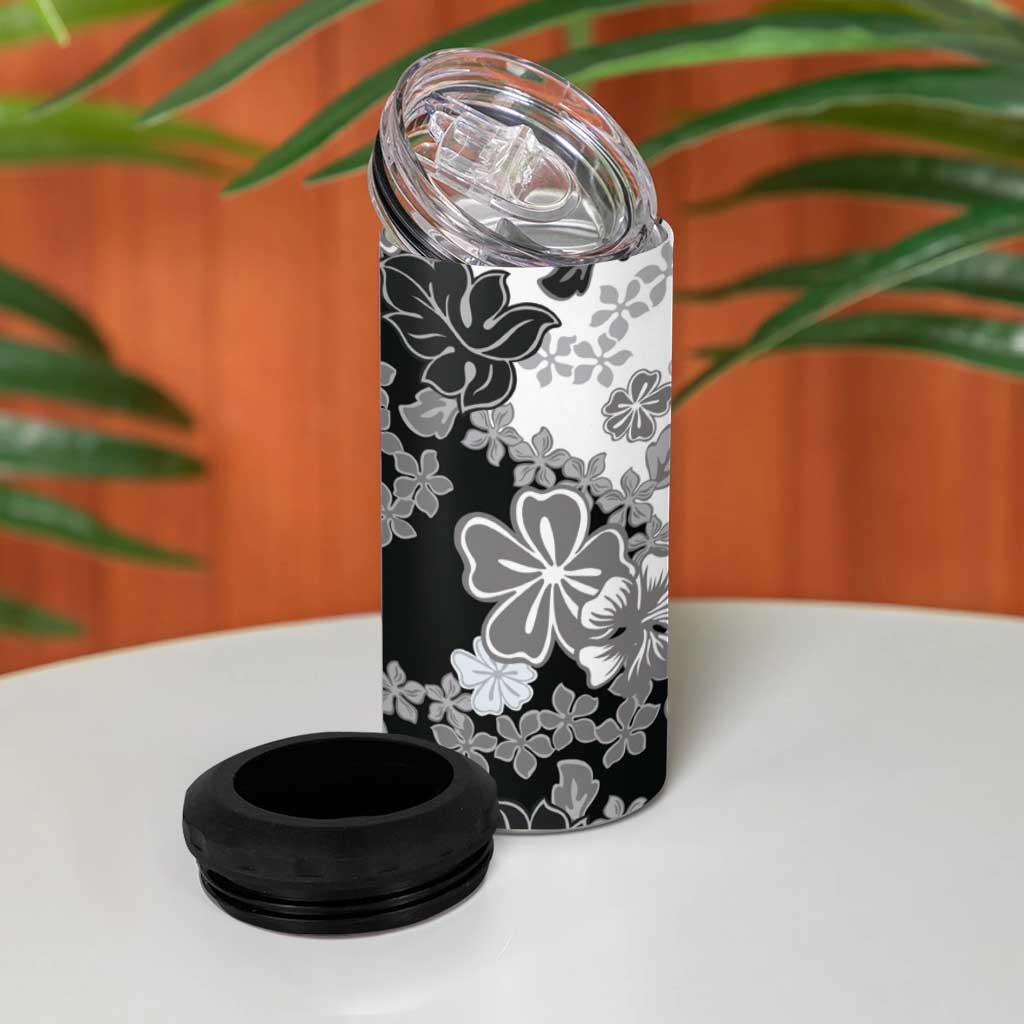 Gray Scale Hibiscus Plumeria Floral 4 in 1 Can Cooler Tumbler - Polynesian Pride
