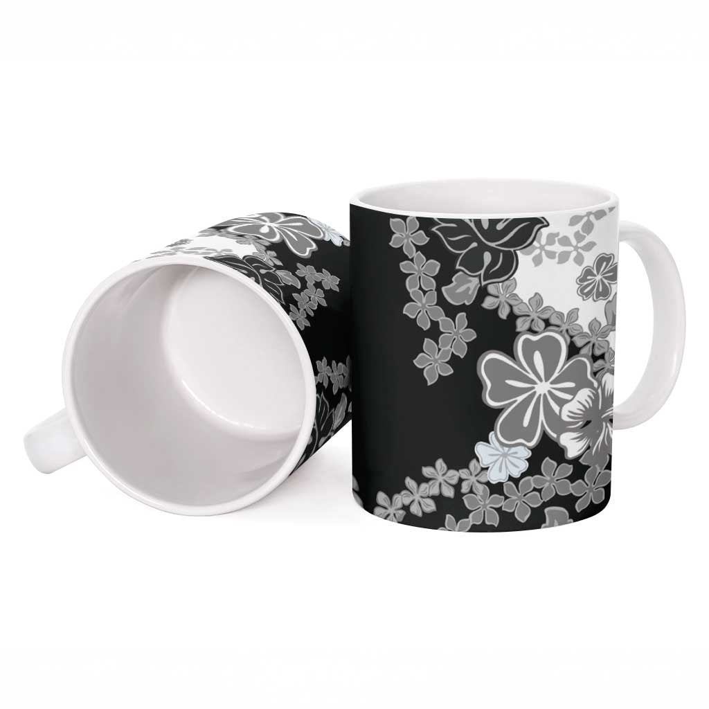 Gray Scale Hibiscus Plumeria Floral Ceramic Mug - Polynesian Pride