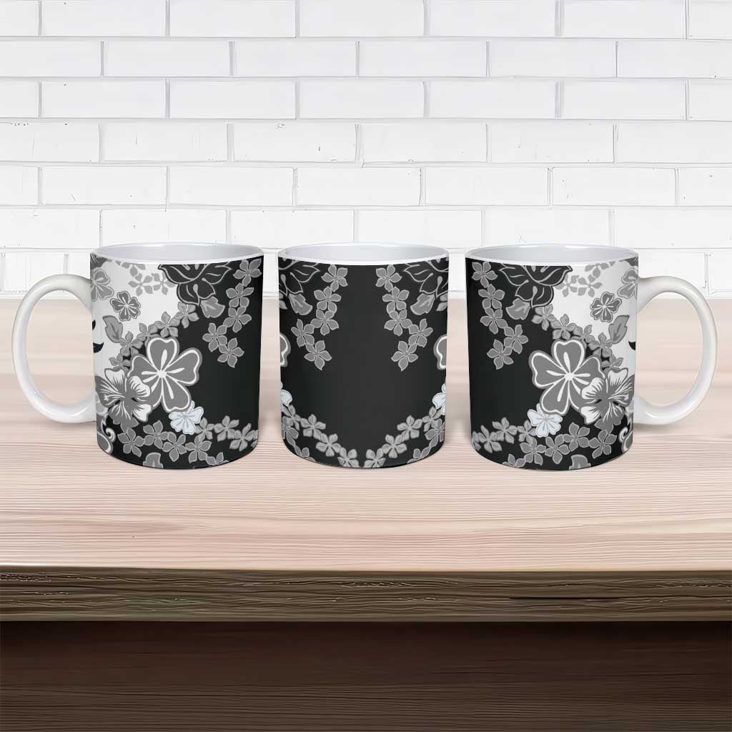 Gray Scale Hibiscus Plumeria Floral Ceramic Mug - Polynesian Pride