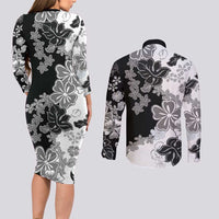 Gray Scale Hibiscus Plumeria Floral Couples Matching Long Sleeve Bodycon Dress and Long Sleeve Button Shirt - Polynesian Pride
