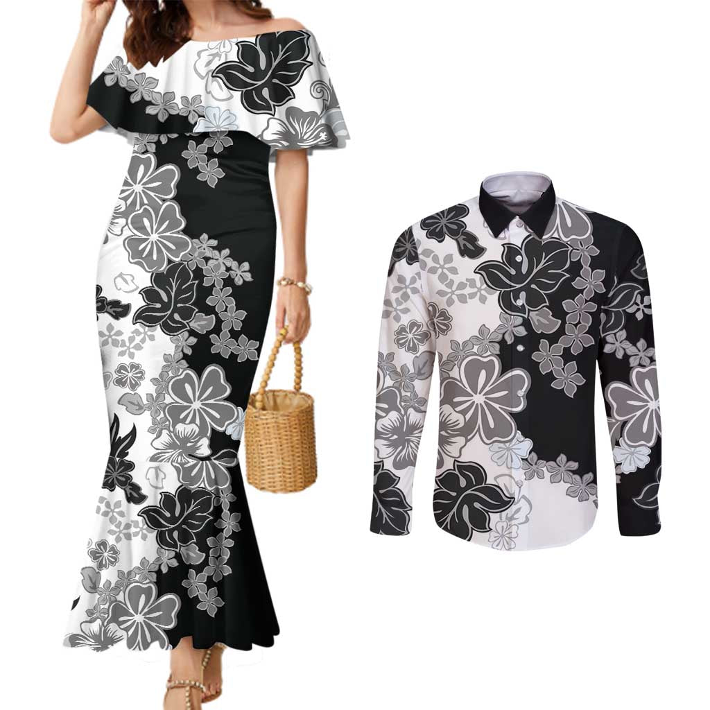 Gray Scale Hibiscus Plumeria Floral Couples Matching Mermaid Dress and Long Sleeve Button Shirt - Polynesian Pride