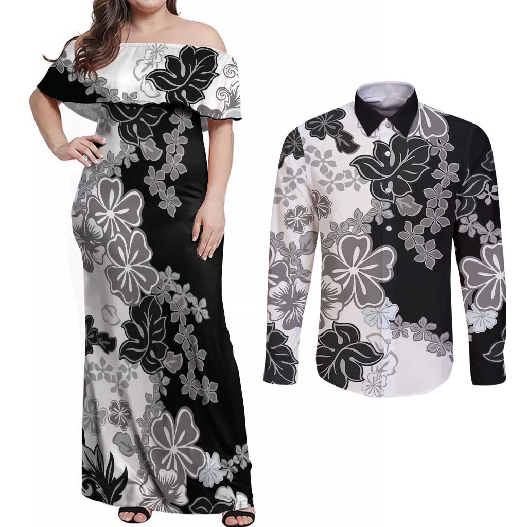 Gray Scale Hibiscus Plumeria Floral Couples Matching Off Shoulder Maxi Dress and Long Sleeve Button Shirt - Polynesian Pride