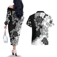 Gray Scale Hibiscus Plumeria Floral Couples Matching Off The Shoulder Long Sleeve Dress and Hawaiian Shirt - Polynesian Pride