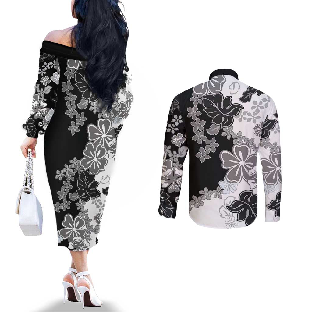 Gray Scale Hibiscus Plumeria Floral Couples Matching Off The Shoulder Long Sleeve Dress and Long Sleeve Button Shirt - Polynesian Pride
