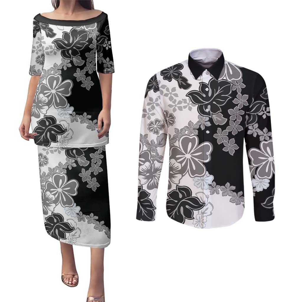 Gray Scale Hibiscus Plumeria Floral Couples Matching Puletasi and Long Sleeve Button Shirt - Polynesian Pride