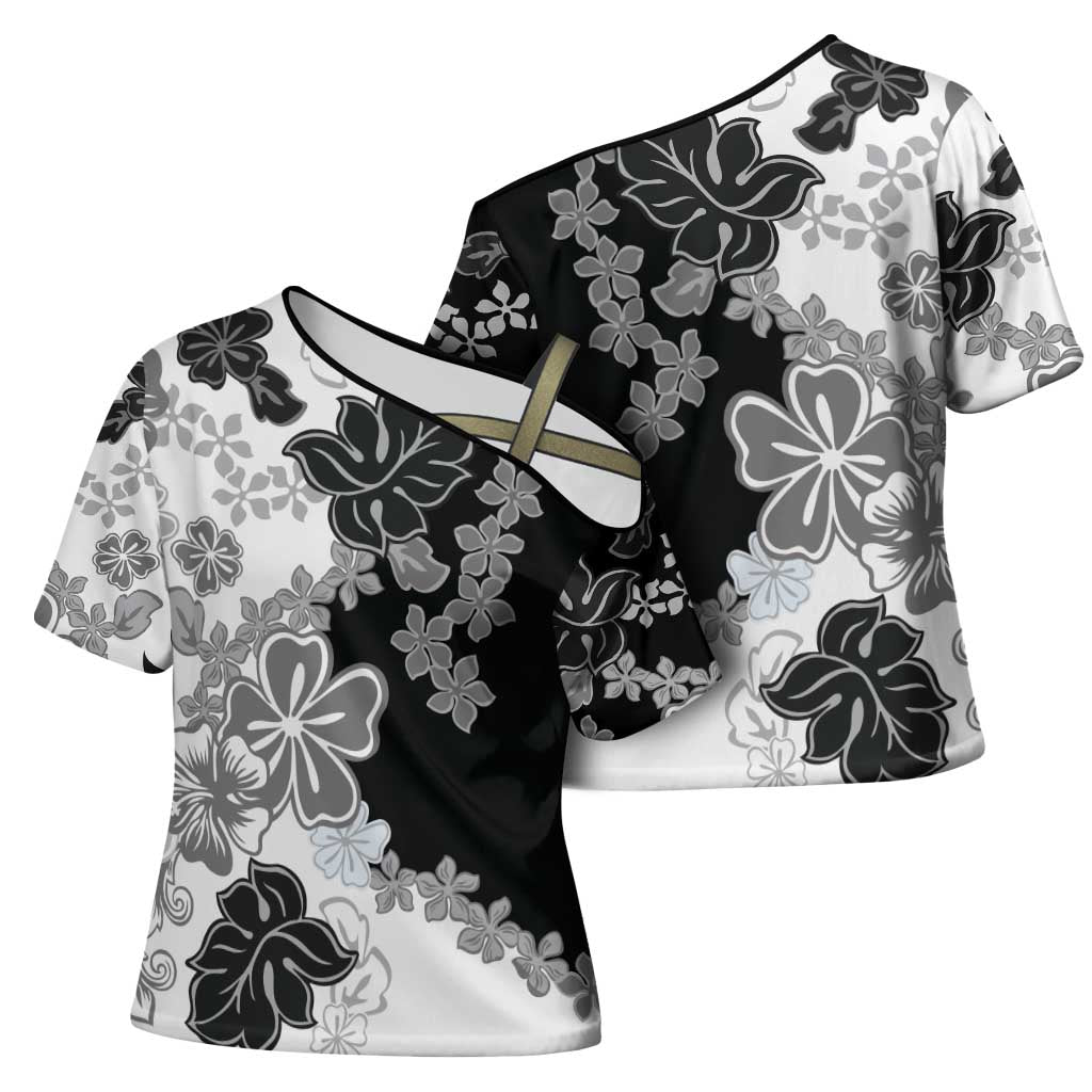 Gray Scale Hibiscus Plumeria Floral Cross Shoulder Shirt - Polynesian Pride