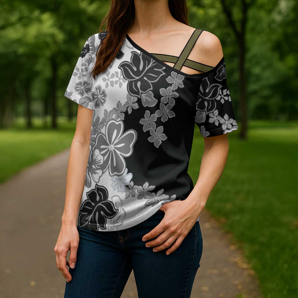 Gray Scale Hibiscus Plumeria Floral Cross Shoulder Shirt - Polynesian Pride