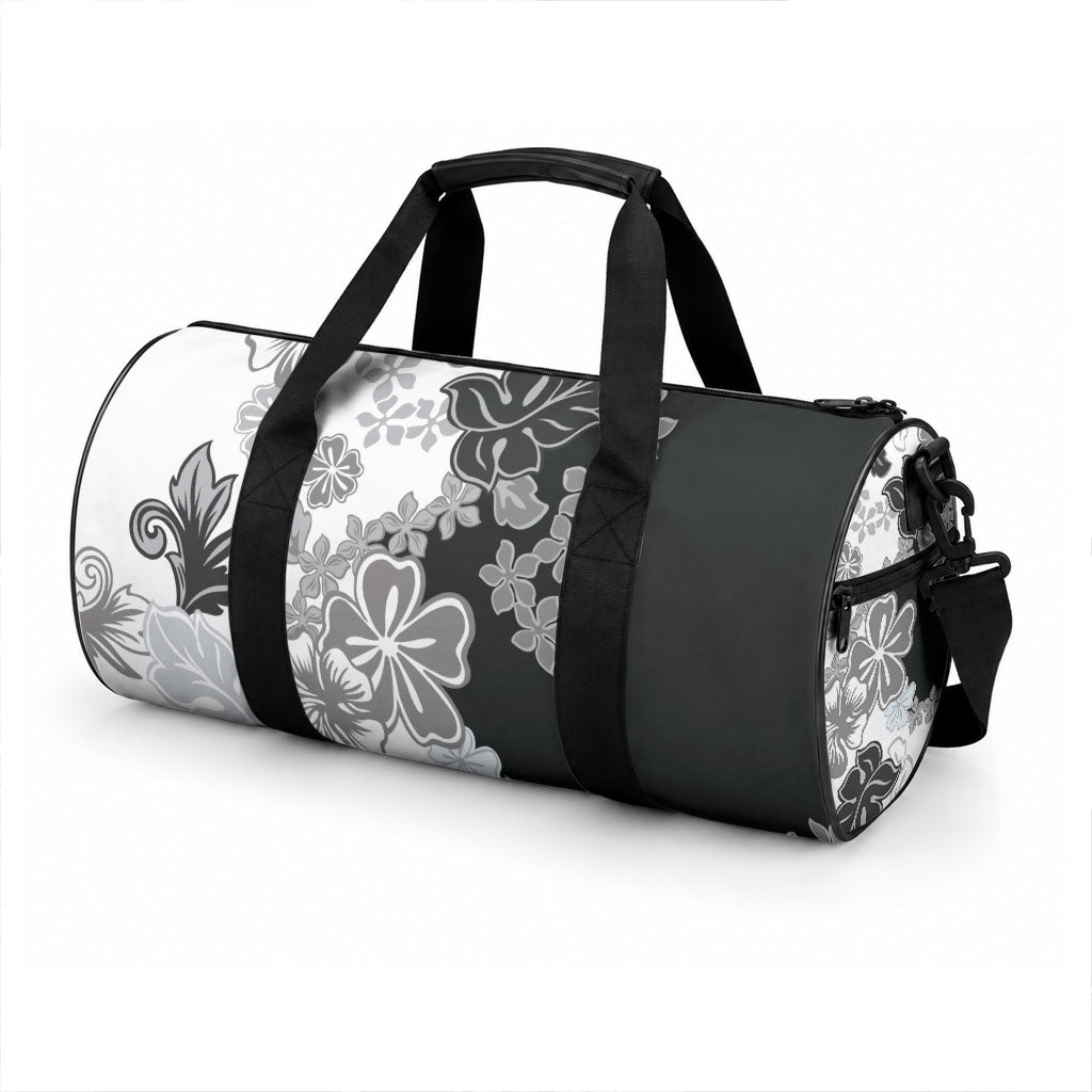 Gray Scale Hibiscus Plumeria Floral Duffle Bag