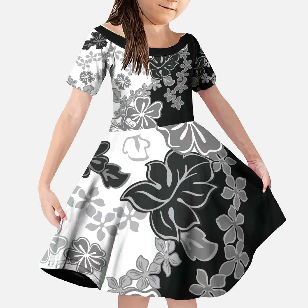 Gray Scale Hibiscus Plumeria Floral Family Matching Mermaid Dress and Hawaiian Shirt LT01 Daughter's Dress Black - Polynesian Pride