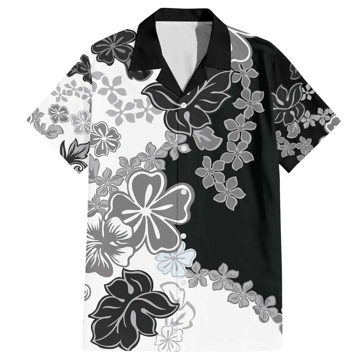Gray Scale Hibiscus Plumeria Floral Family Matching Off The Shoulder Long Sleeve Dress and Hawaiian Shirt - Polynesian Pride