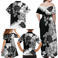 Gray Scale Hibiscus Plumeria Floral Family Matching Off Shoulder Maxi Dress and Hawaiian Shirt - Polynesian Pride