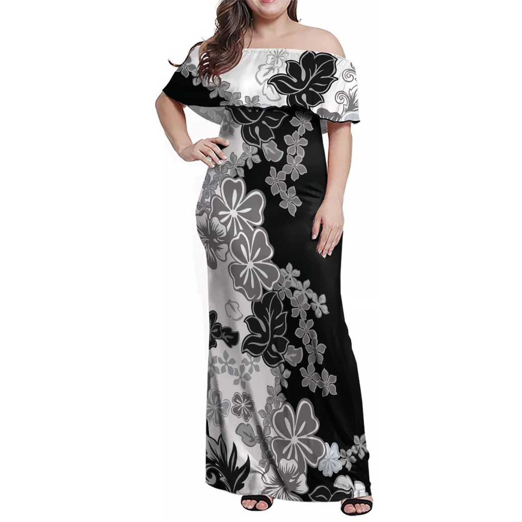 Gray Scale Hibiscus Plumeria Floral Family Matching Off Shoulder Maxi Dress and Hawaiian Shirt - Polynesian Pride