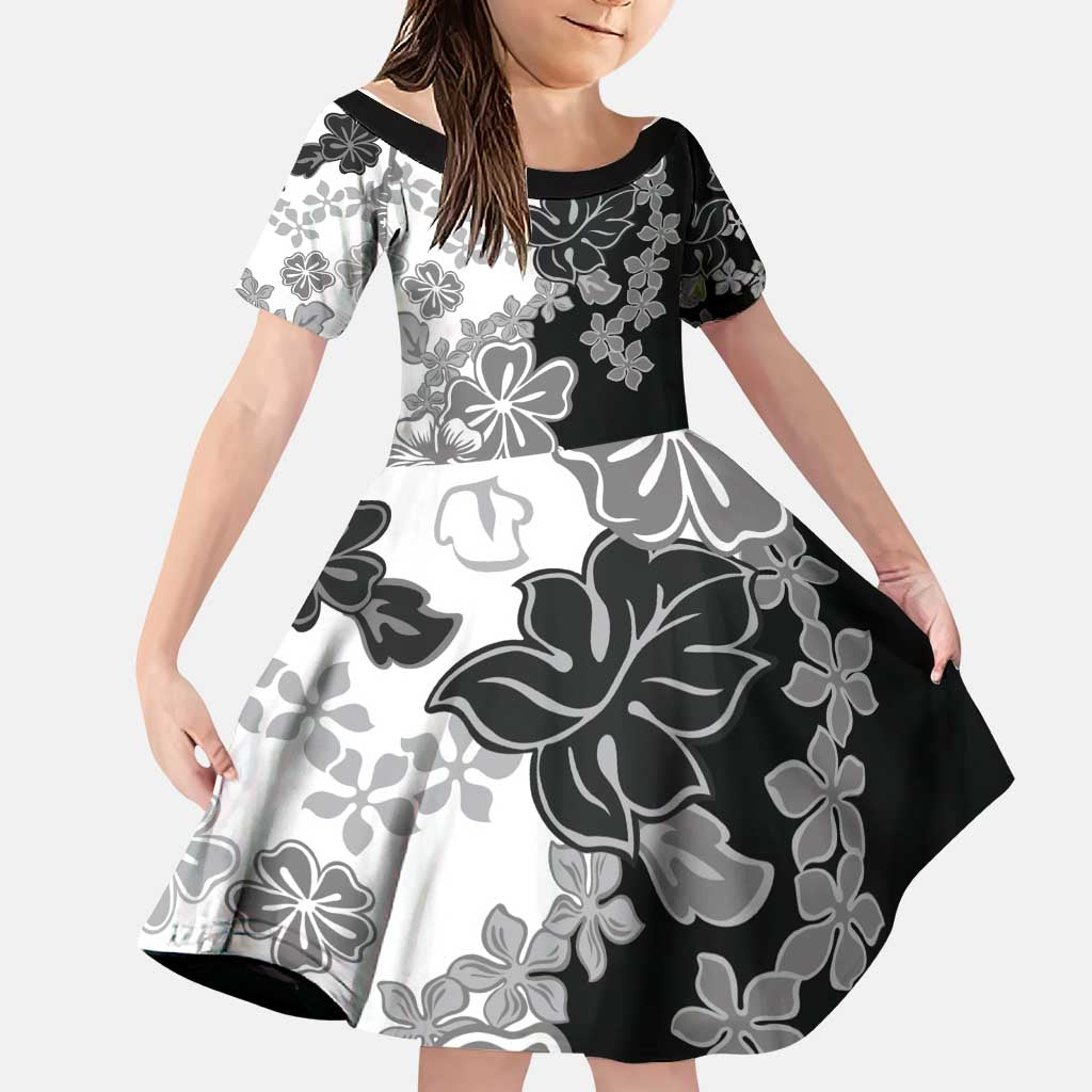 Gray Scale Hibiscus Plumeria Floral Family Matching Puletasi and Hawaiian Shirt LT01 Daughter's Dress Black - Polynesian Pride