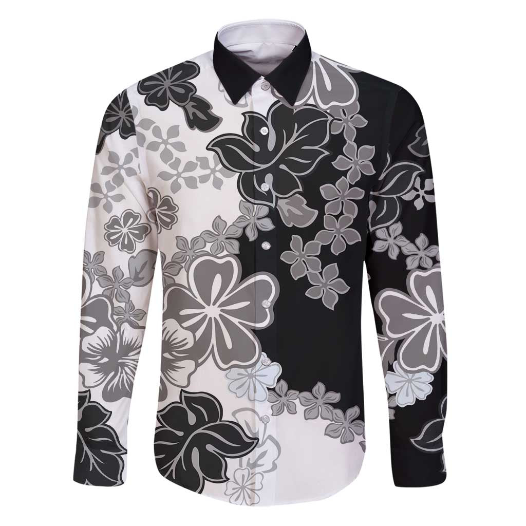 Gray Scale Hibiscus Plumeria Floral Family Matching Puletasi and Hawaiian Shirt LT01 Dad's Shirt - Long Sleeve Black - Polynesian Pride