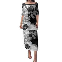 Gray Scale Hibiscus Plumeria Floral Family Matching Puletasi and Hawaiian Shirt LT01 Mom's Dress Black - Polynesian Pride