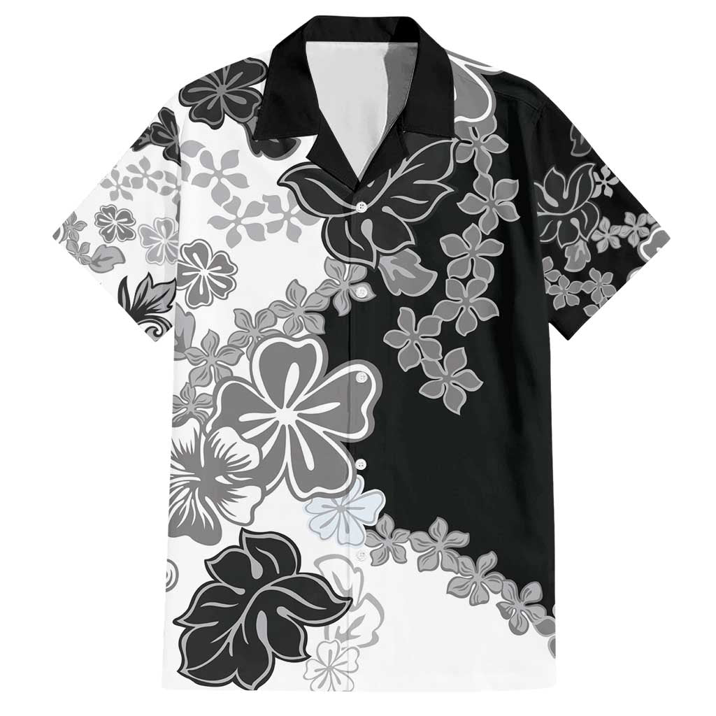 Gray Scale Hibiscus Plumeria Floral Family Matching Short Sleeve Bodycon Dress and Hawaiian Shirt LT01 Dad's Shirt - Short Sleeve Black - Polynesian Pride