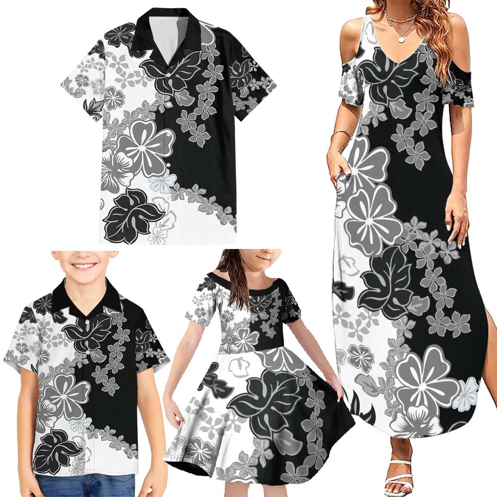 Gray Scale Hibiscus Plumeria Floral Family Matching Summer Maxi Dress and Hawaiian Shirt - Polynesian Pride
