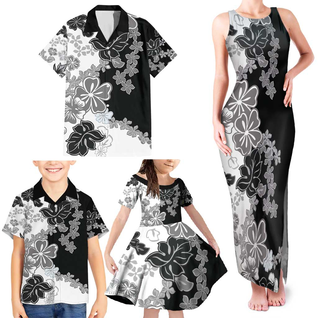 Gray Scale Hibiscus Plumeria Floral Family Matching Tank Maxi Dress and Hawaiian Shirt - Polynesian Pride