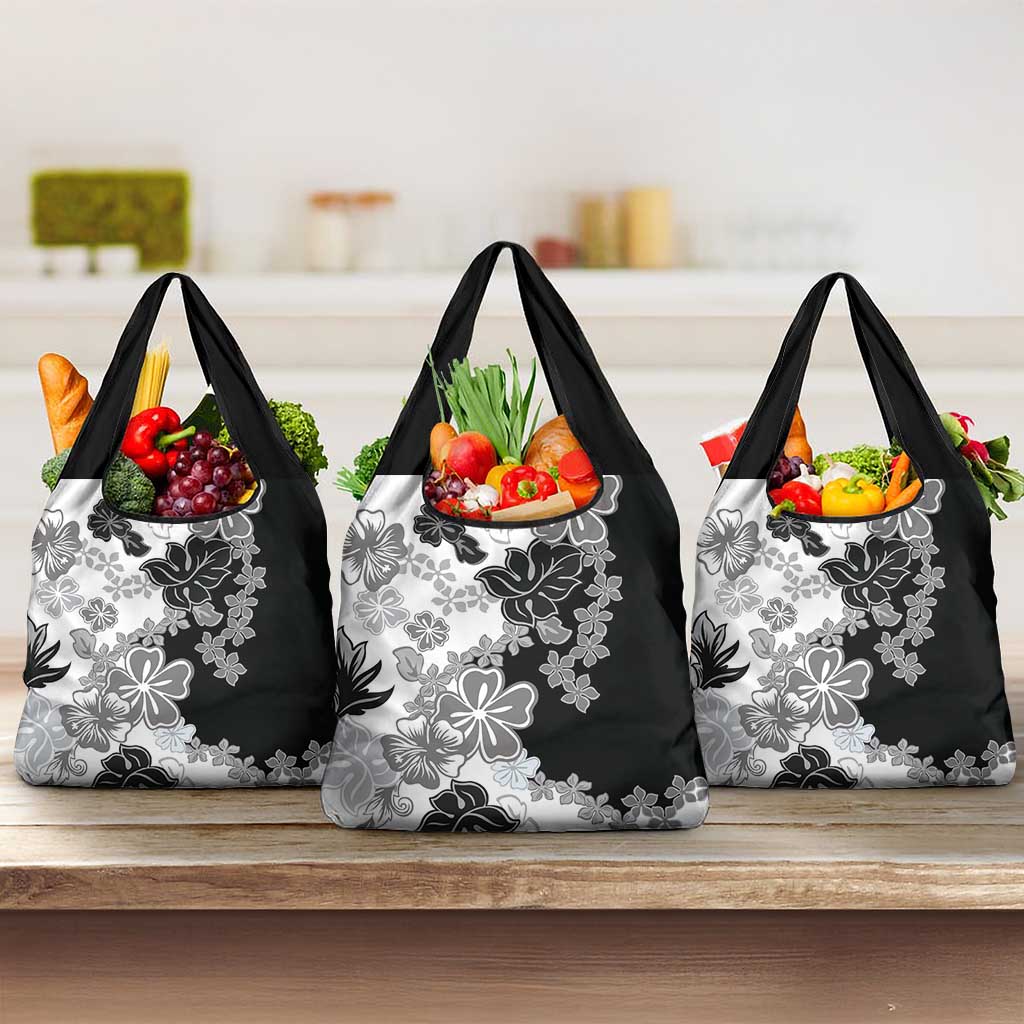 Gray Scale Hibiscus Plumeria Floral Grocery Bag - Polynesian Pride