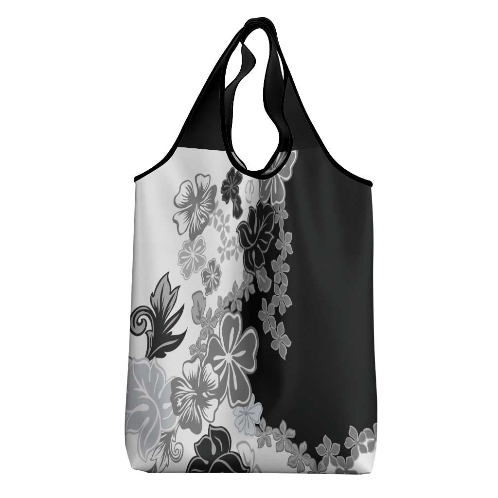 Gray Scale Hibiscus Plumeria Floral Grocery Bag - Polynesian Pride