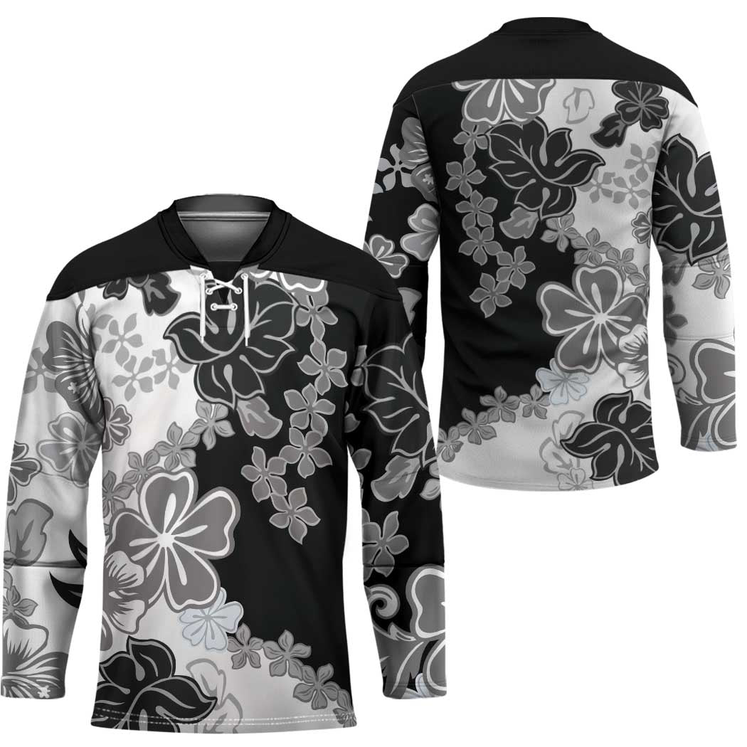 Gray Scale Hibiscus Plumeria Floral Hockey Jersey - Polynesian Pride