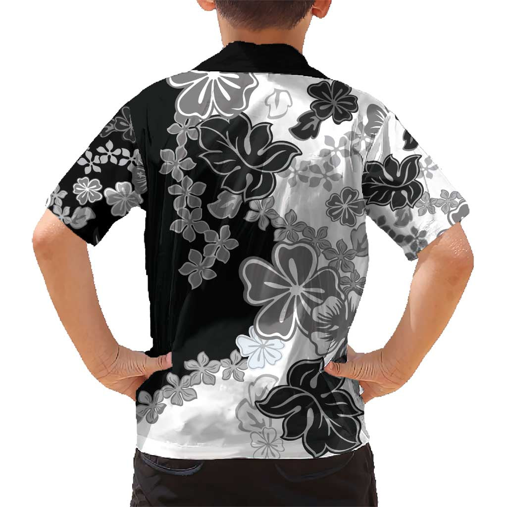 Gray Scale Hibiscus Plumeria Floral Kid Hawaiian Shirt - Polynesian Pride