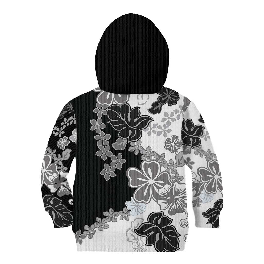 Gray Scale Hibiscus Plumeria Floral Kid Hoodie - Polynesian Pride