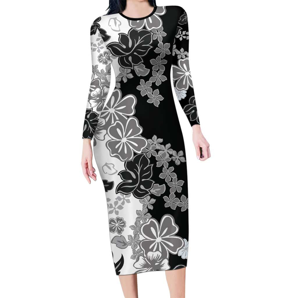 Gray Scale Hibiscus Plumeria Floral Long Sleeve Bodycon Dress - Polynesian Pride