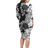 Gray Scale Hibiscus Plumeria Floral Long Sleeve Bodycon Dress - Polynesian Pride