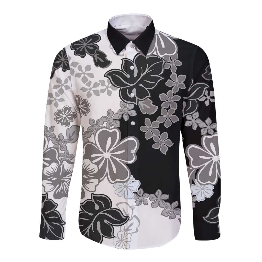 Gray Scale Hibiscus Plumeria Floral Long Sleeve Button Shirt - Polynesian Pride