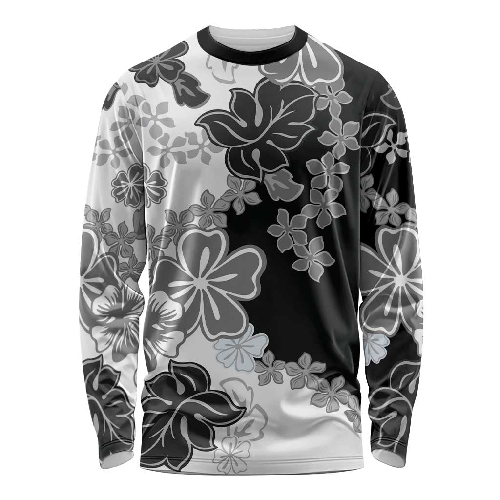 Gray Scale Hibiscus Plumeria Floral Long Sleeve Shirt - Polynesian Pride