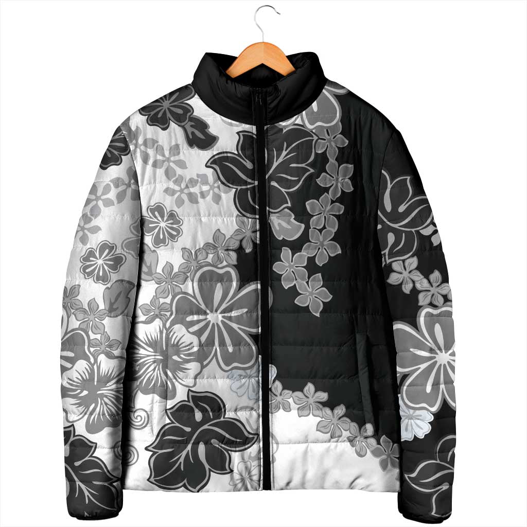 Gray Scale Hibiscus Plumeria Floral Padded Jacket - Polynesian Pride